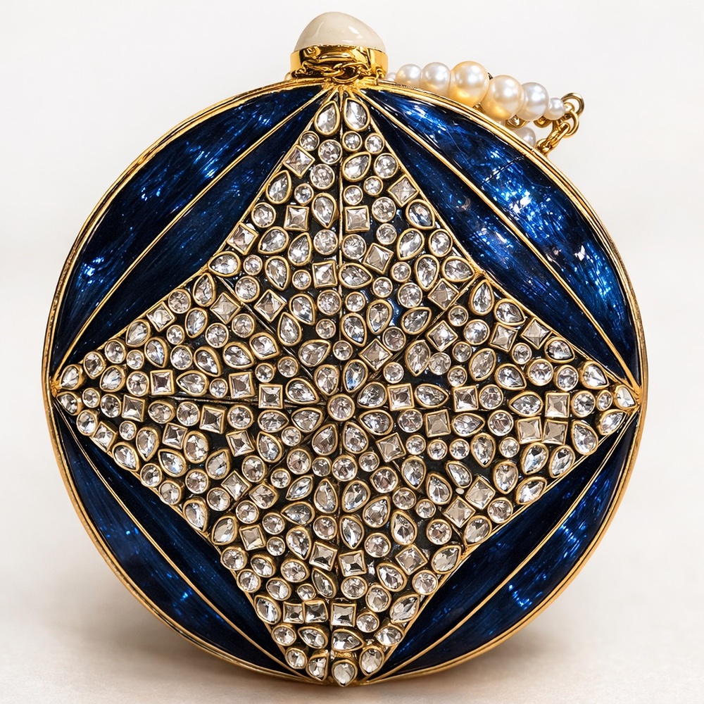 Embellished Navy Blue Crystal Round Minaudière